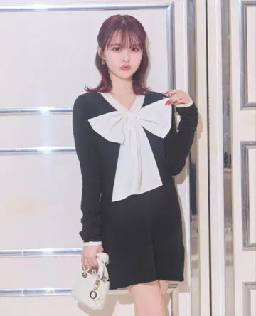 Cheri mi 셰리미 빅 리본 니트 원피스 블랙 프리 사이즈