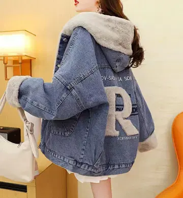 데님 후드 부착 자켓 R 자수 겨울 패션 여성용 한국