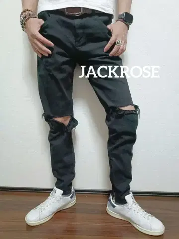 JACKROSE 블랙 스키니 데님 데미지 가공 Y2K 헤이세이