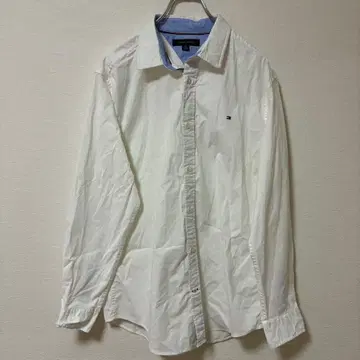 TOMMY HILFIGER 로고 긴팔 셔츠 무지 화이트 블루 XL