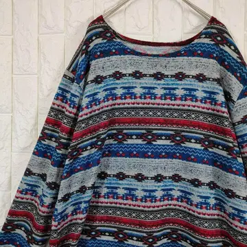 [ 부드러운 니트 ] 긴팔 티셔츠 보더 네이티브 무늬 그레이 L 상당