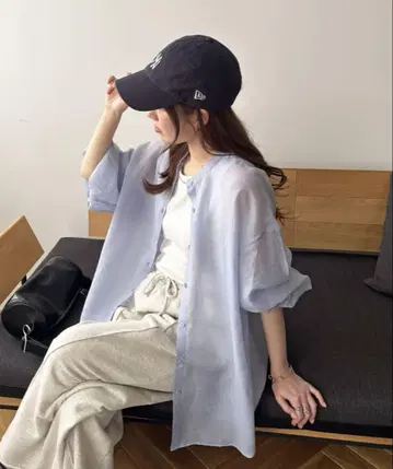 DISCOAT 시어 밴드 카라 셔츠 블루