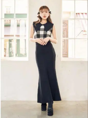 다리치 darich 빅 칼라 깅엄 체크 니트 롱 원피스