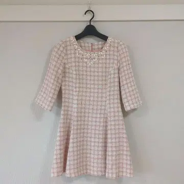 미셸 마카롱 핑크 트위드 원피스 7부 소매 비쥬 포함