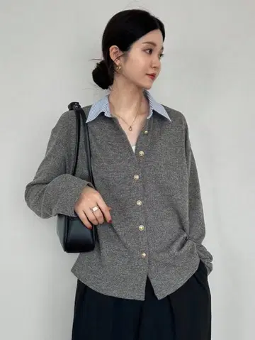 여성용 긴팔 셔츠 스트라이프 절개 라펠 칼라 그레이 캐주얼