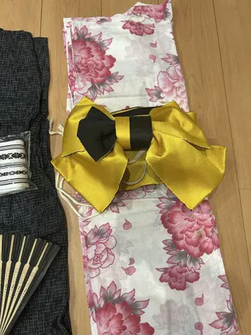 꽃무늬 유카타 오비+만들어진 오비 일본 나막신 세트