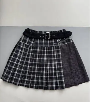 레이디 아젤 체크 무늬 플리츠 스커트 벨트 포함