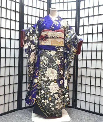 후리소데 6점 세트 완성품 순수 실크 100% 성인식 파랑