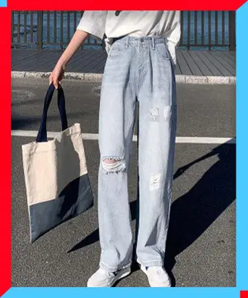 새상품 데미지 데님 팬츠 하이웨스트 청바지 내추럴 데님 팬츠 하의