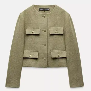 ZARA 코트 자라 노카라 트위드 크롭 블레이저 플랩