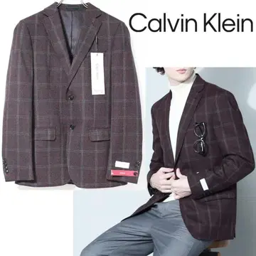 새상품 캘빈클라인 체크 무늬 슬림핏 자켓 M 사이즈 와인