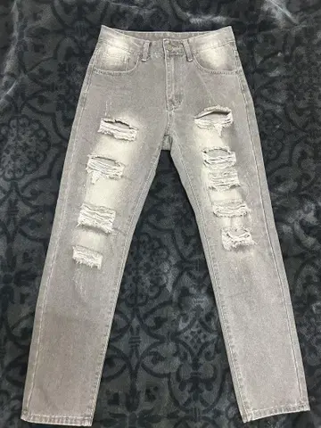 데미지 가공 그레이 데님 팬츠