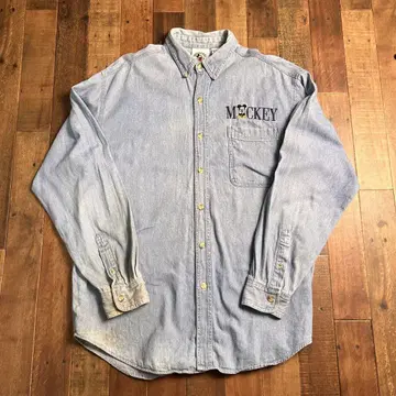 빈티지 감성 90s 디즈니 미키마우스 자수 데님 셔츠 M