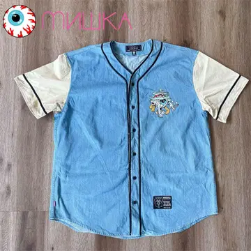 MISHKA 반팔 셔츠 데님 베이스볼 셔츠 자수