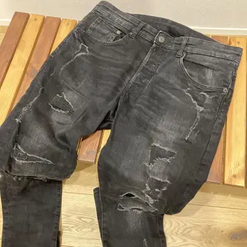 H&M 블랙 데님 청바지 흑먹색 데미지 가공 패치워크 흑먹색