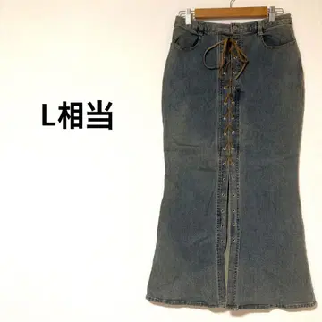 레이스업 프론트 데님 스커트 [ L 상당 ] 롱 기장 캐주얼