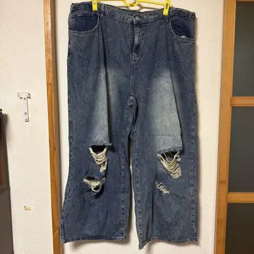 데미지 가공 와이드 팬츠 다크 블루 빅 사이즈 여성용