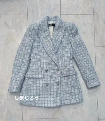 택 포함 새상품 ZARA 트위드 자켓 XS 실버 버튼 라이트 블루