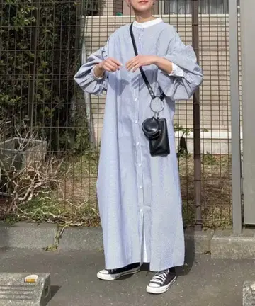 CORNERS by KR 볼륨 슬리브 스트라이프 셔츠 원피스