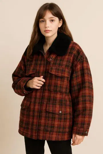 GU 체크 무늬 보아 블루종 XL 빨간색 계열 여성용