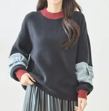[블랙] TRUBE 컬러 넥 x 데님 슬리브 니트탑