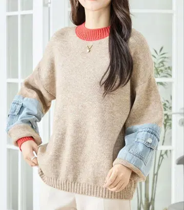 [베이지] TRUBE 칼라넥 x 데님 슬리브 니트탑