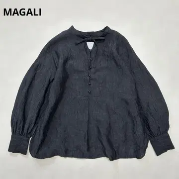 마가리 샴브레이 린넨 퍼머 블라우스 리본 싸개 단추