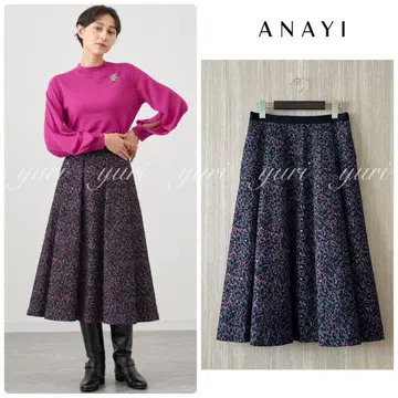 [ 554 ] 아나이 레오파드 라메 자카드 턱 스커트 블랙 38