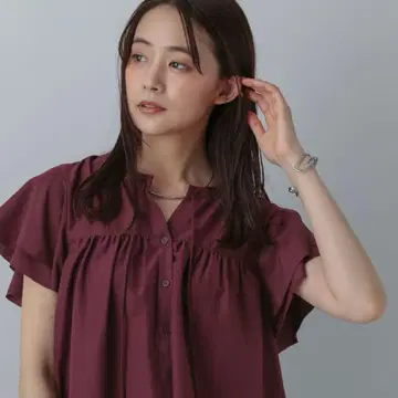 [ 미사용 새상품 ] 글로벌 워크 프릴 슬리브 블라우스 와인 레드 보르도