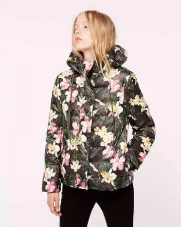 SISLEY 시슬리 꽃 올 패턴 다운 자켓 M 블랙 x 짙은 녹색