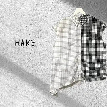 HARE 하레 비대칭 체크 무늬 반팔 셔츠