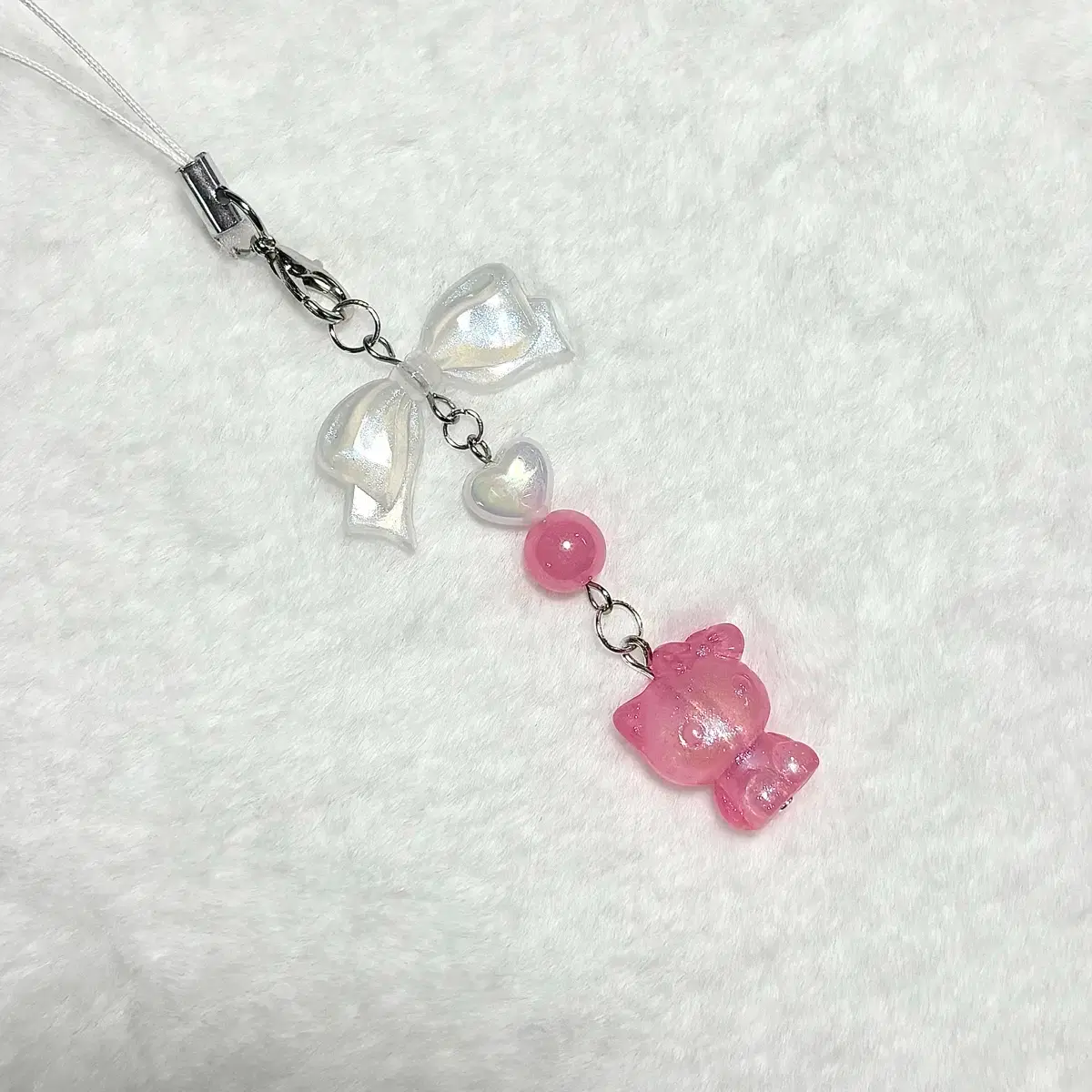 Glow-in-the-dark Kitty Ribbon Bead Keyring (Jin Pink ver.)