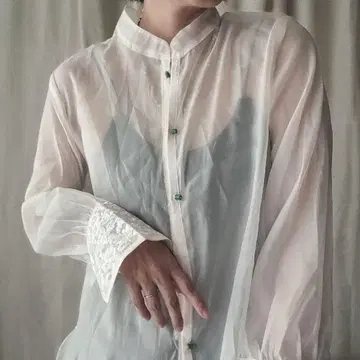 차이나 셔츠 자수 시스루 시어 셔츠 블라우스 긴팔 노카라 밴딩 셔츠
