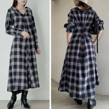 스나이델 디자인 체크 셔츠 원피스 레이스업 네이비 0