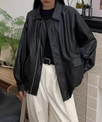 블랙 합성 피혁 오버 사이즈 자켓