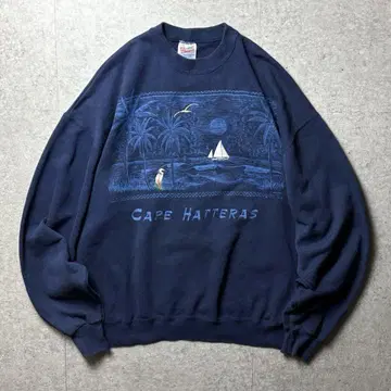 Hanes 90s 맨투맨 애니멀 백조 요트 자수 풍경 네이비