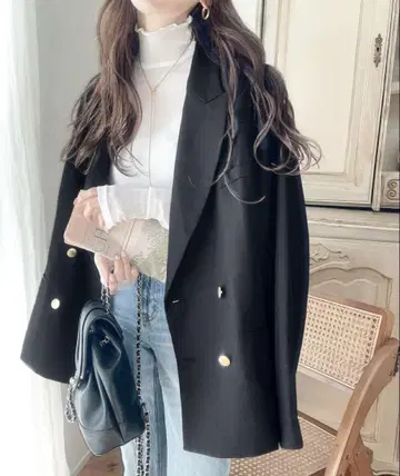 클래식 엘프 사이드 슬릿 오버 사이즈 더블 자켓 블랙