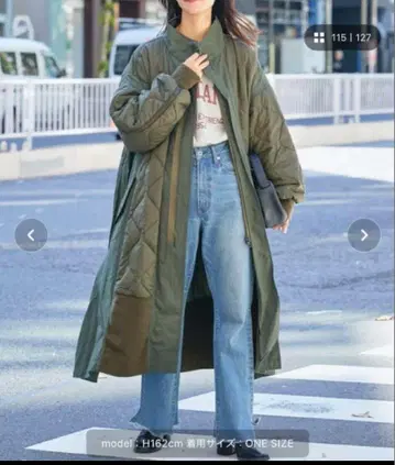 에신타 올리브 그린 퀼팅 롱 코트