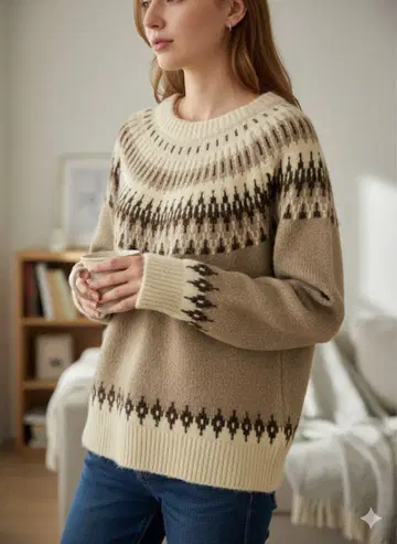 비아제이 노르딕 니트 베이지 여성용 긴팔 겨울 via.j