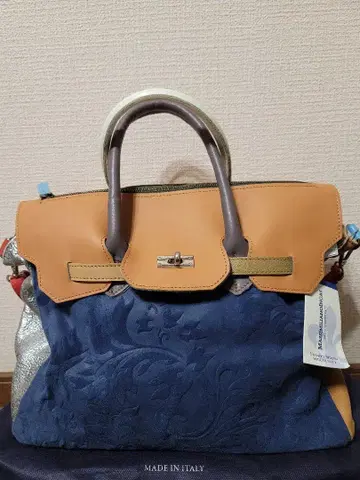 이탈리아제 가죽 토트백 네이비 오렌지 숄더백
