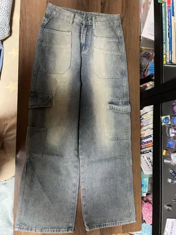 그레이 카고 데님 와이드 레그