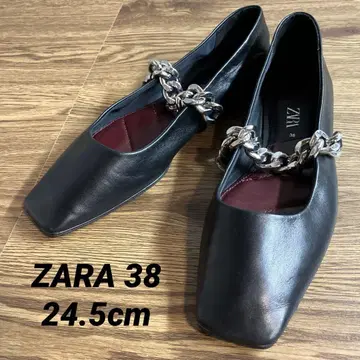 ZARA 플랫 펌프스 체인 장식 가죽 밸리 슈즈 38
