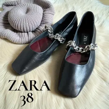 ZARA 플랫 펌프스 체인 장식 가죽 밸리 슈즈 38
