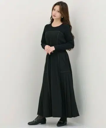 kicuri 플리츠 도킹 플리츠 원피스 블랙 스티치 벨트 포함