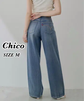 고품질 chico 포켓 자수 미드 허리 스트레이트 와이드 데님 M