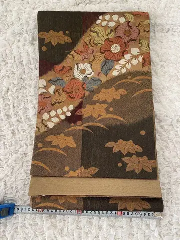 나고야 오비 브라운과 골드 컬러 꽃무늬