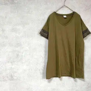 빅 사이즈 반팔 티셔츠 V넥 프린지 면 혼방 코튼 그린 계열 XL