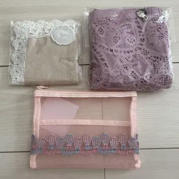 치카자와 레이스 파티션 파우치, 타월 손수건, 레이스 토트백 3종 세트