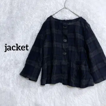 노카라 체크 무늬 자켓 LL 사이즈 밑단 프릴 모 100% 겨울 코디