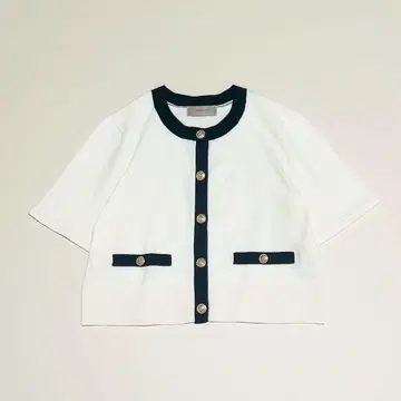 새상품급 JUSGLITTY 반팔 가디건 바이컬러 가디건 골드 버튼